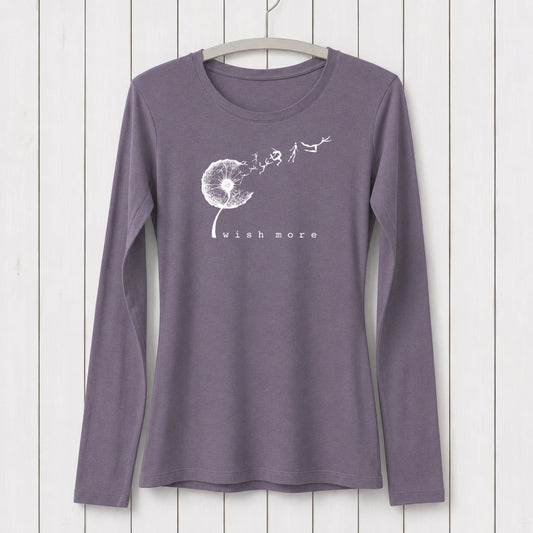 Uni-T women's long sleeve bamboo and organic cotton t-shirt in dark purple with a white dandelion wish more graphic