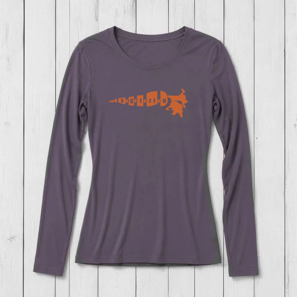 Uni-T purple long sleeve t-shirt for women featuring a carrot graphic with vegetarian text in soft bamboo cotton blend