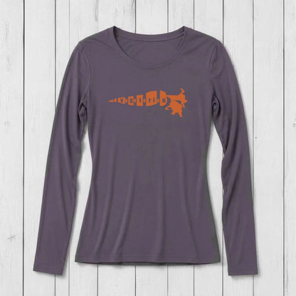 Uni-T purple long sleeve t-shirt for women featuring a carrot graphic with vegetarian text in soft bamboo cotton blend