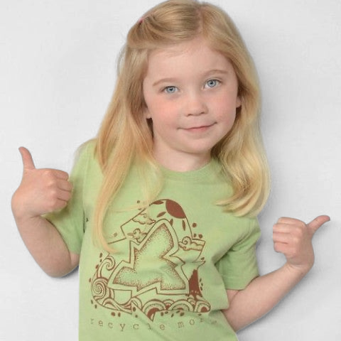 A young girl wearing a Uni-T light green organic cotton t-shirt with a brown Recycle More hand-illustrated graphic.