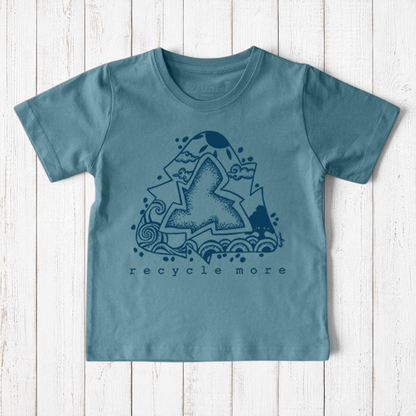 Uni-T kids organic cotton t-shirt in blue with a hand-illustrated Recycle More graphic in dark blue ink.