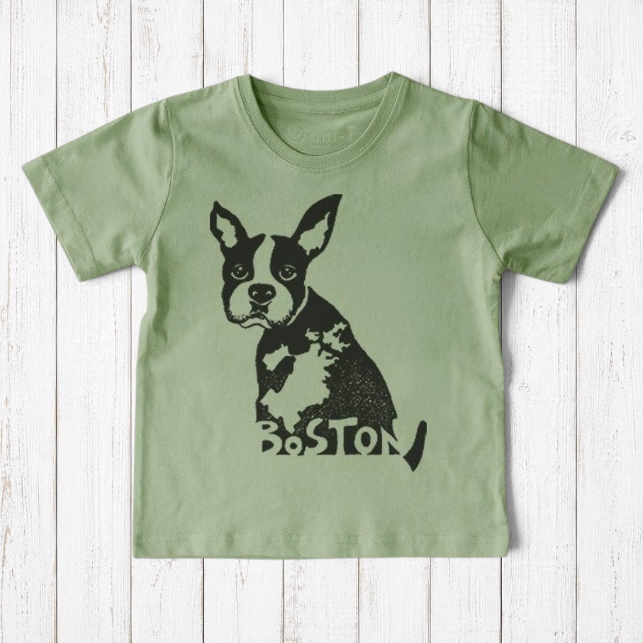 Uni-T kids organic cotton sage green t-shirt featuring a hand-illustrated black and white Boston Terrier puppy graphic