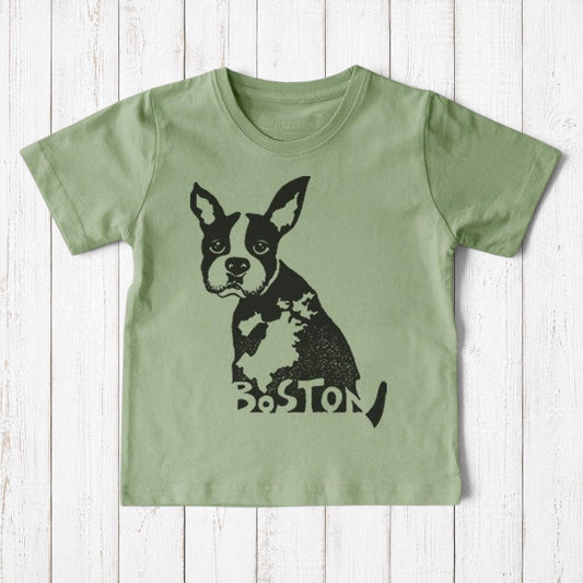 Uni-T kids organic cotton sage green t-shirt featuring a hand-illustrated black and white Boston Terrier puppy graphic
