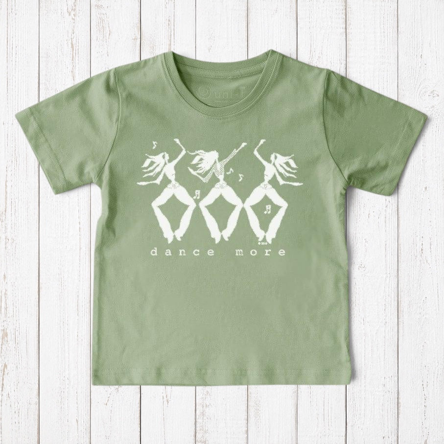 Uni-T sage green organic cotton kids t-shirt featuring a white hand-illustrated Dance More graphic print.