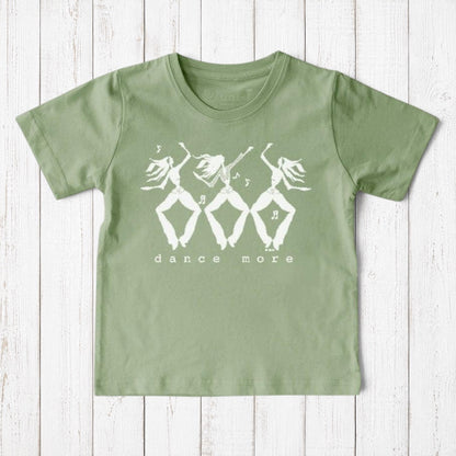 Uni-T sage green organic cotton kids t-shirt featuring a white hand-illustrated Dance More graphic print.