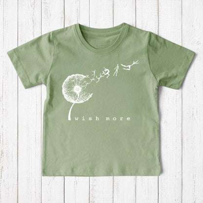 Uni-T sage green organic cotton kids t-shirt featuring a white hand-illustrated dandelion wish more graphic print