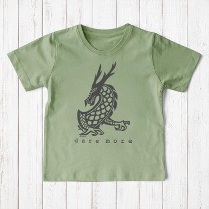 Uni-T kids organic cotton sage green t-shirt featuring a hand-illustrated black dragon graphic and Dare More text.