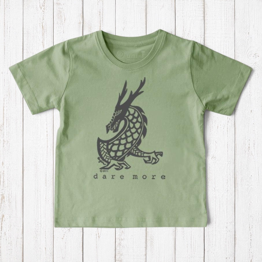 Uni-T kids organic cotton sage green t-shirt featuring a hand-illustrated black dragon graphic and Dare More text.
