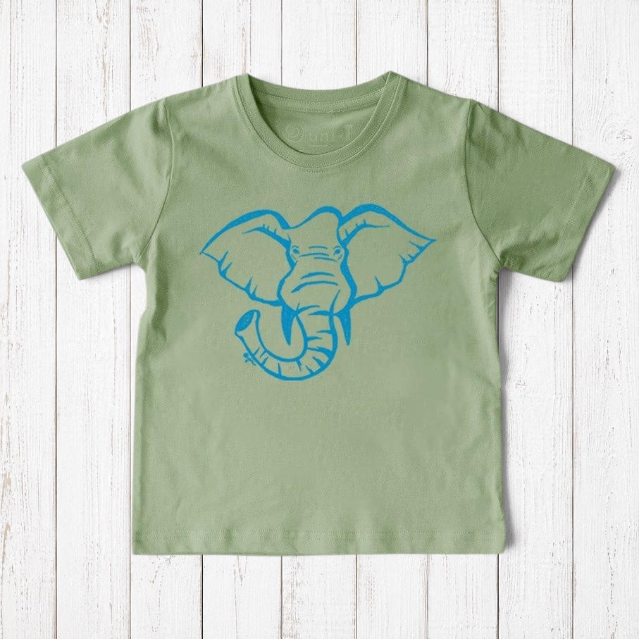 Uni-T kids organic cotton sage green t-shirt featuring a blue hand-illustrated elephant graphic