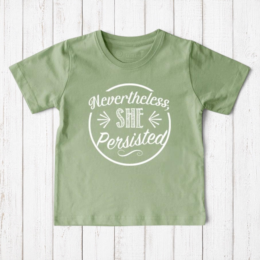Uni-T sage green organic cotton kids t-shirt with white Nevertheless She Persisted graphic print