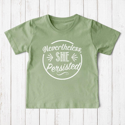 Uni-T sage green organic cotton kids t-shirt with white Nevertheless She Persisted graphic print