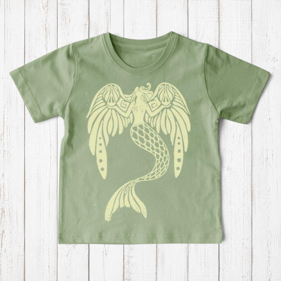 Uni-T organic cotton kids t-shirt in sage green featuring a whimsical hand-illustrated mermaid graphic in cream.