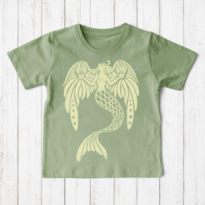 Uni-T organic cotton kids t-shirt in sage green featuring a whimsical hand-illustrated mermaid graphic in cream.