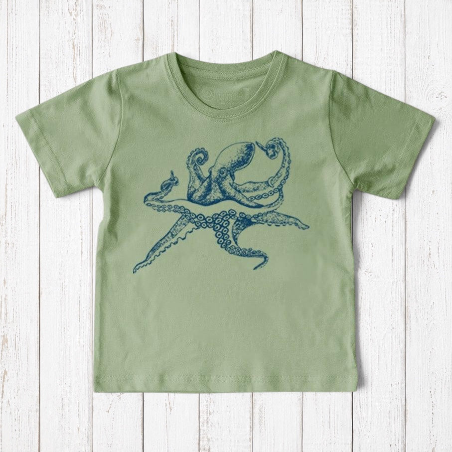 Uni-T kids sage green organic cotton t-shirt featuring a detailed blue hand-illustrated octopus graphic