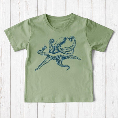 Uni-T kids sage green organic cotton t-shirt featuring a detailed blue hand-illustrated octopus graphic