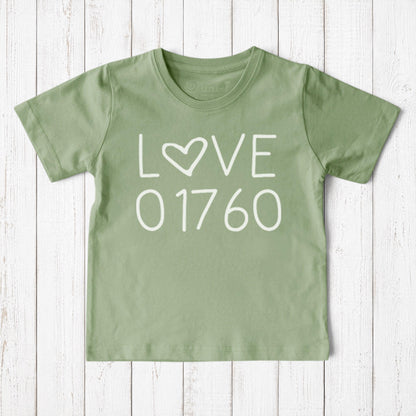 Uni-T sage green organic cotton kids t-shirt featuring a white Love 01760 Natick graphic print