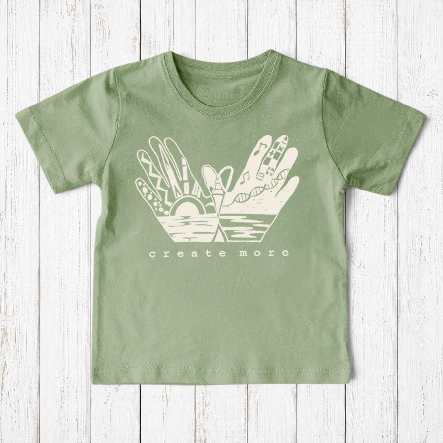 Uni-T sage green organic cotton kids t-shirt featuring a white hand-drawn Create More graphic illustration
