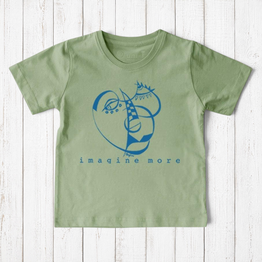 Uni-T kids sage green organic cotton t-shirt featuring a blue hand-drawn Imagine More artistic graphic design