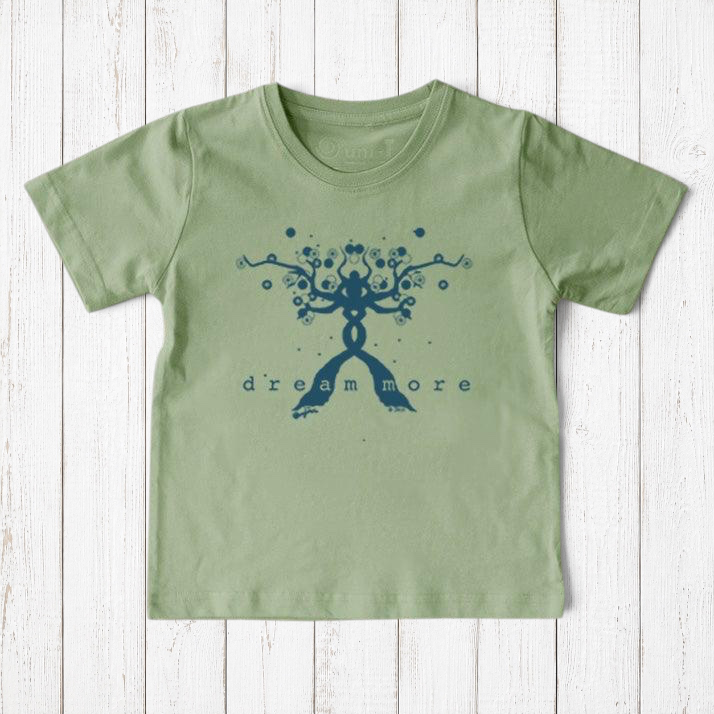 Uni-T sage green organic cotton kids t-shirt featuring a blue hand-illustrated tree design with Dream More text