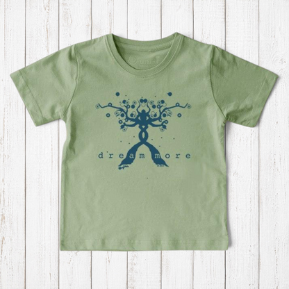 Uni-T sage green organic cotton kids t-shirt featuring a blue hand-illustrated tree design with Dream More text