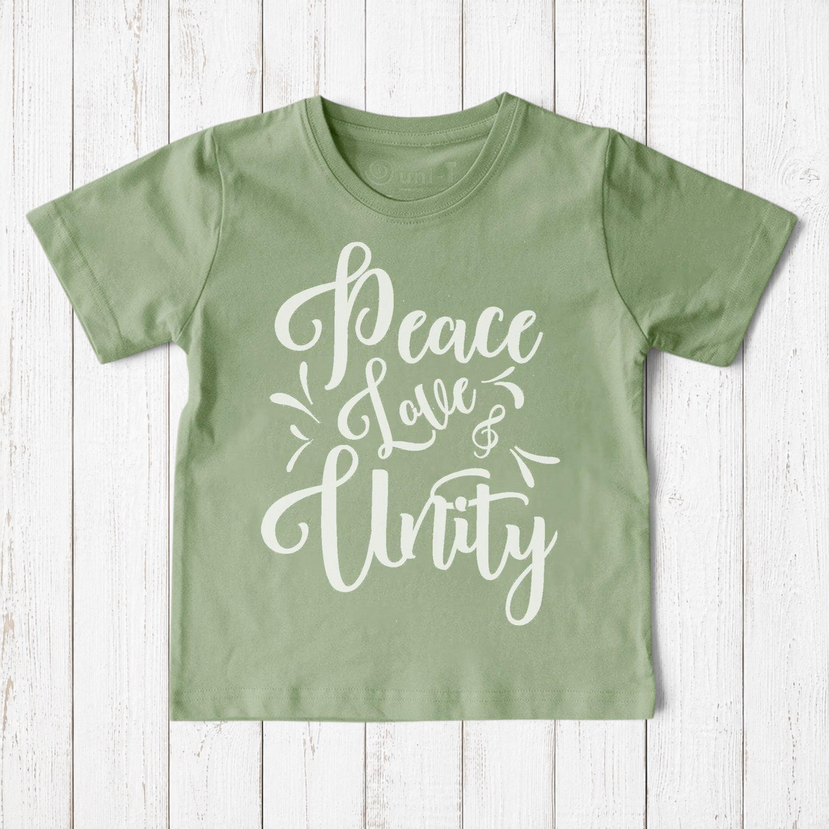 Uni-T sage green organic cotton kids t-shirt with white hand-drawn Peace Love & Unity typography graphic