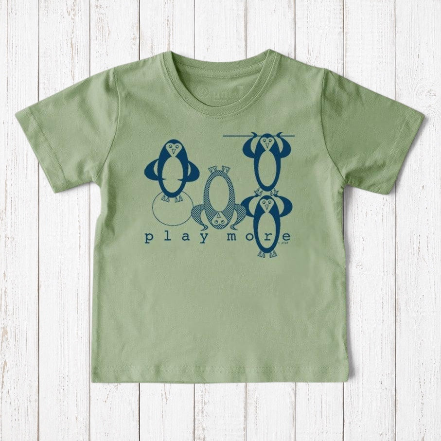 Uni-T kids sage green organic cotton t-shirt featuring a playful hand-illustrated penguin graphic and Play More text