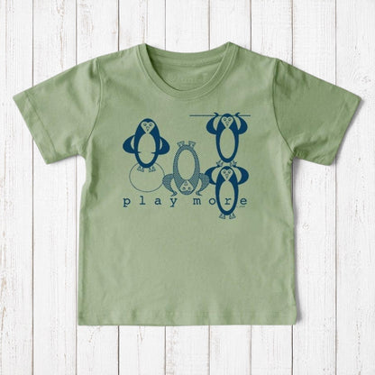 Uni-T kids sage green organic cotton t-shirt featuring a playful hand-illustrated penguin graphic and Play More text