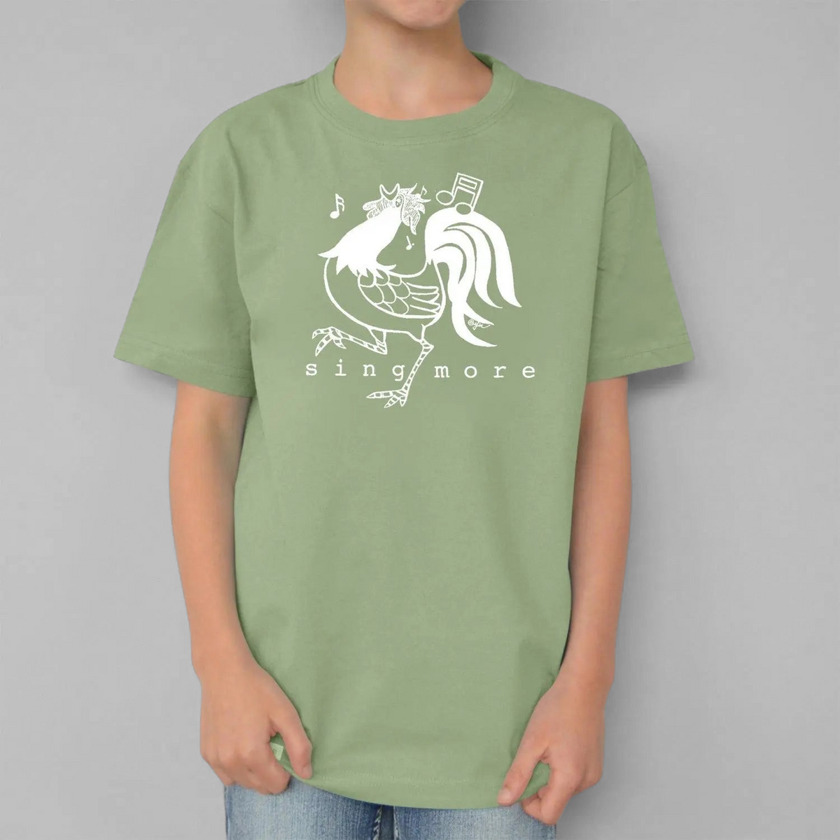 Uni-T sage green organic cotton kids t-shirt featuring a white hand-illustrated rooster graphic and Sing More text