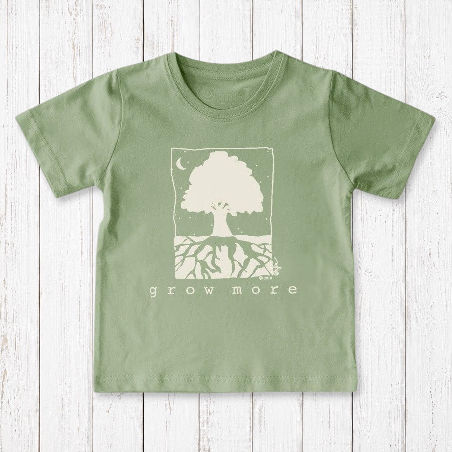 Uni-T sage green organic cotton kids t-shirt featuring a white Grow More tree graphic illustration