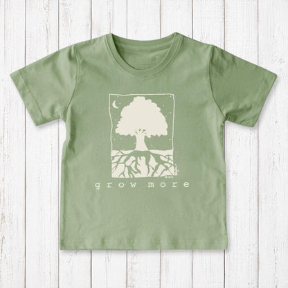 Uni-T sage green organic cotton kids t-shirt featuring a white Grow More tree graphic illustration