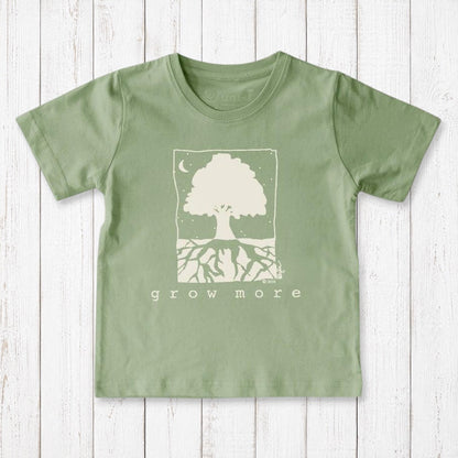 Uni-T sage green organic cotton kids t-shirt featuring a white Grow More tree graphic illustration