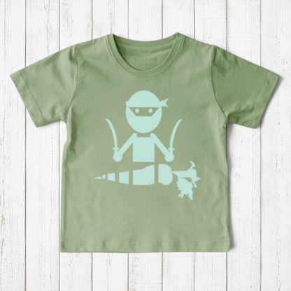Uni-T organic cotton kids t-shirt in sage green featuring a hand-illustrated ninja graphic chopping a carrot.