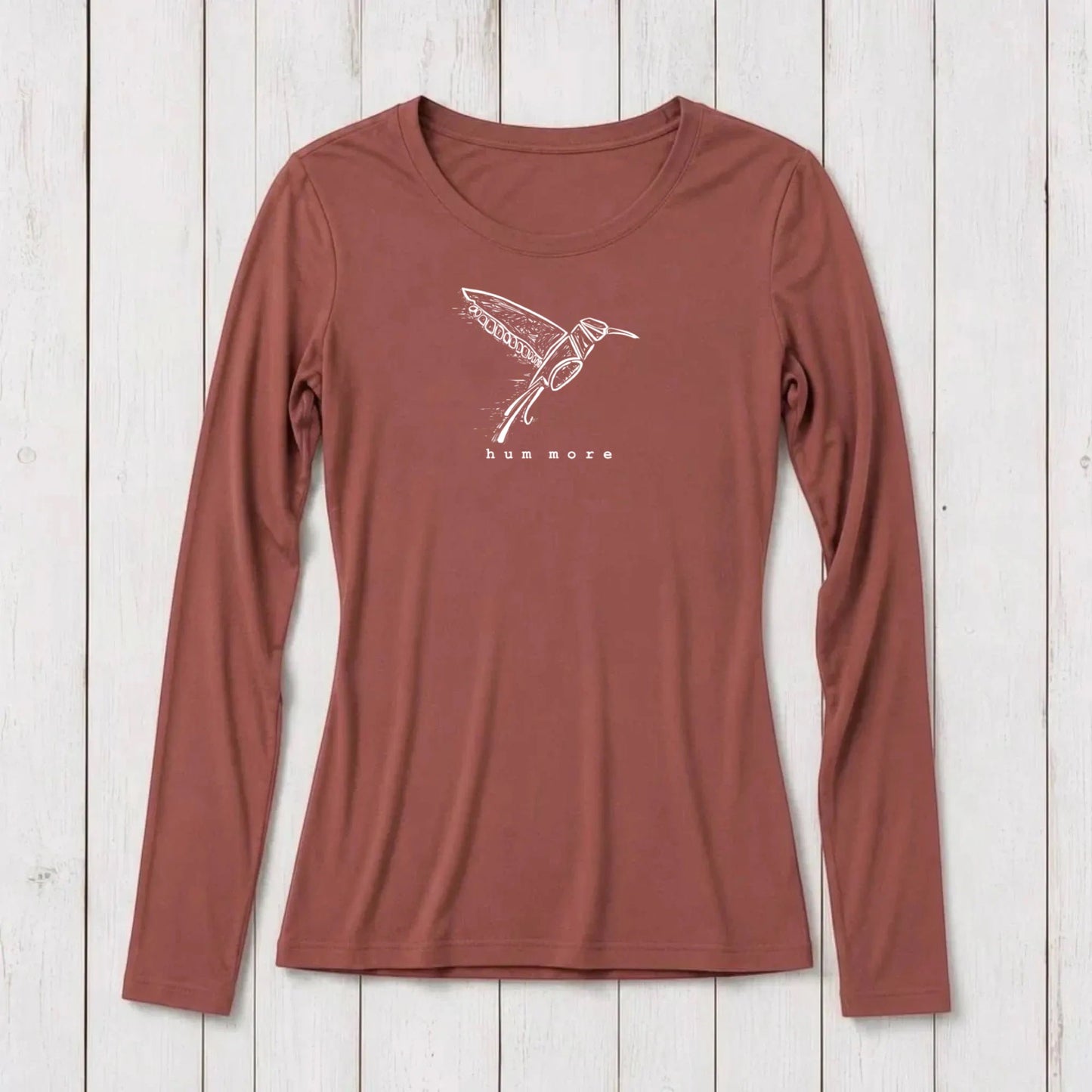 Uni-T long sleeve crew neck t-shirt in a solid terracotta red bamboo and organic cotton blend fabric.