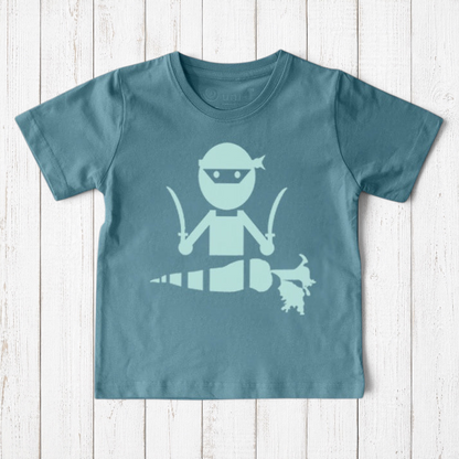 Uni-T kids organic cotton t-shirt in blue featuring a hand-illustrated ninja chopping a carrot with swords