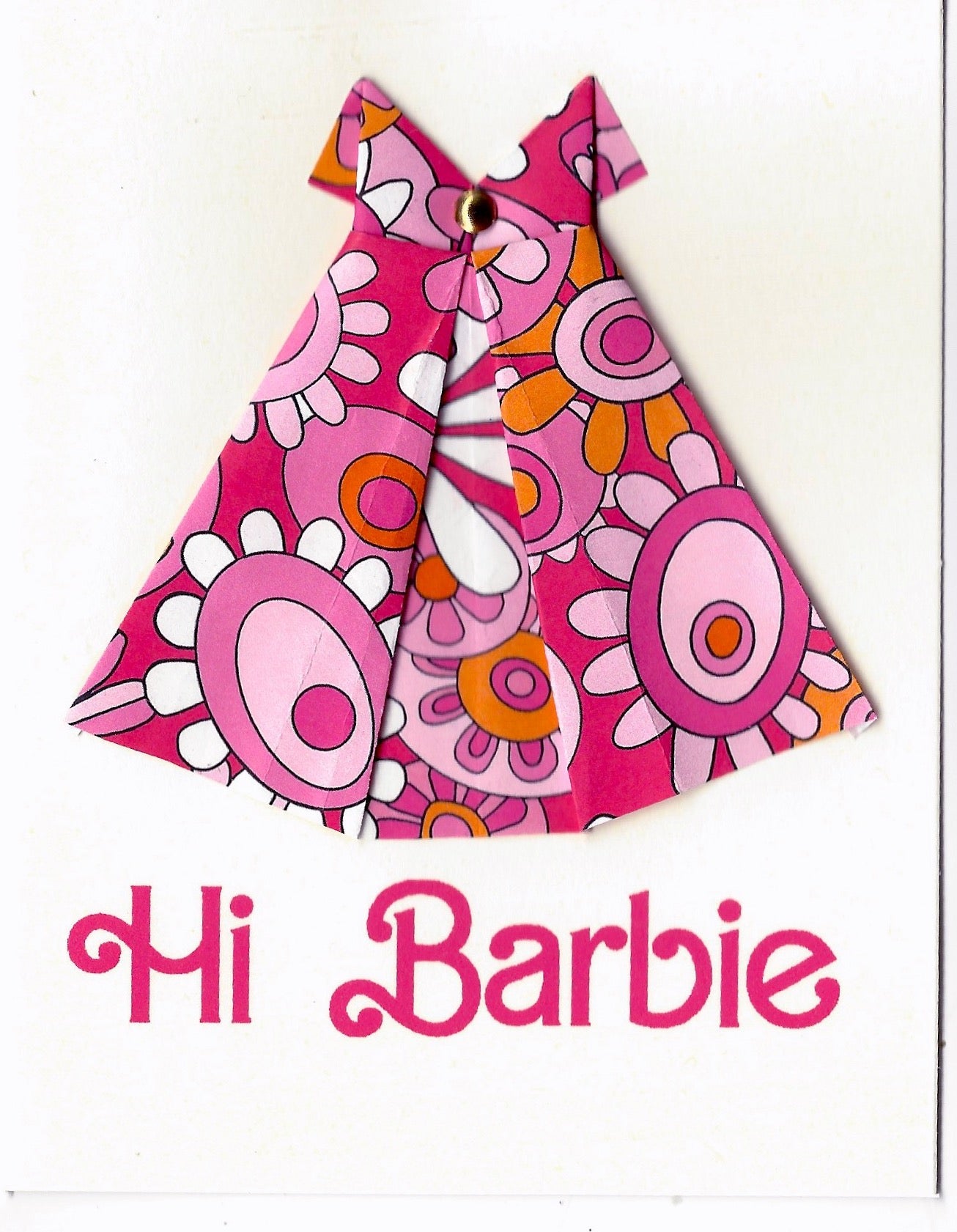 Hi Barbie handmade one of a kind origami dress blank notecard Virginia Fitzgerald