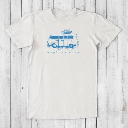 Eco-friendly men's white T-shirt with blue retro van and 'Explore More' graphic, made from bamboo & organic cotton for comfort and style.
