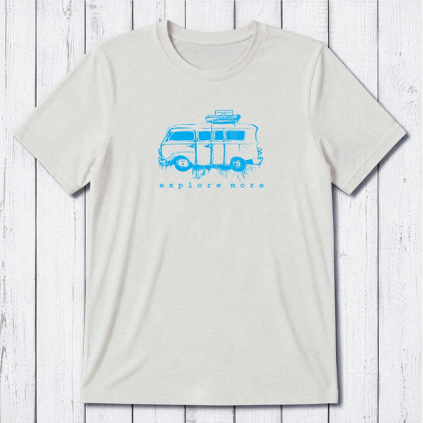 Eco-friendly men's white T-shirt with blue retro van and 'Explore More' graphic, made from bamboo & organic cotton for comfort and style.