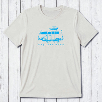 Eco-friendly men's white T-shirt with blue retro van and 'Explore More' graphic, made from bamboo & organic cotton for comfort and style.