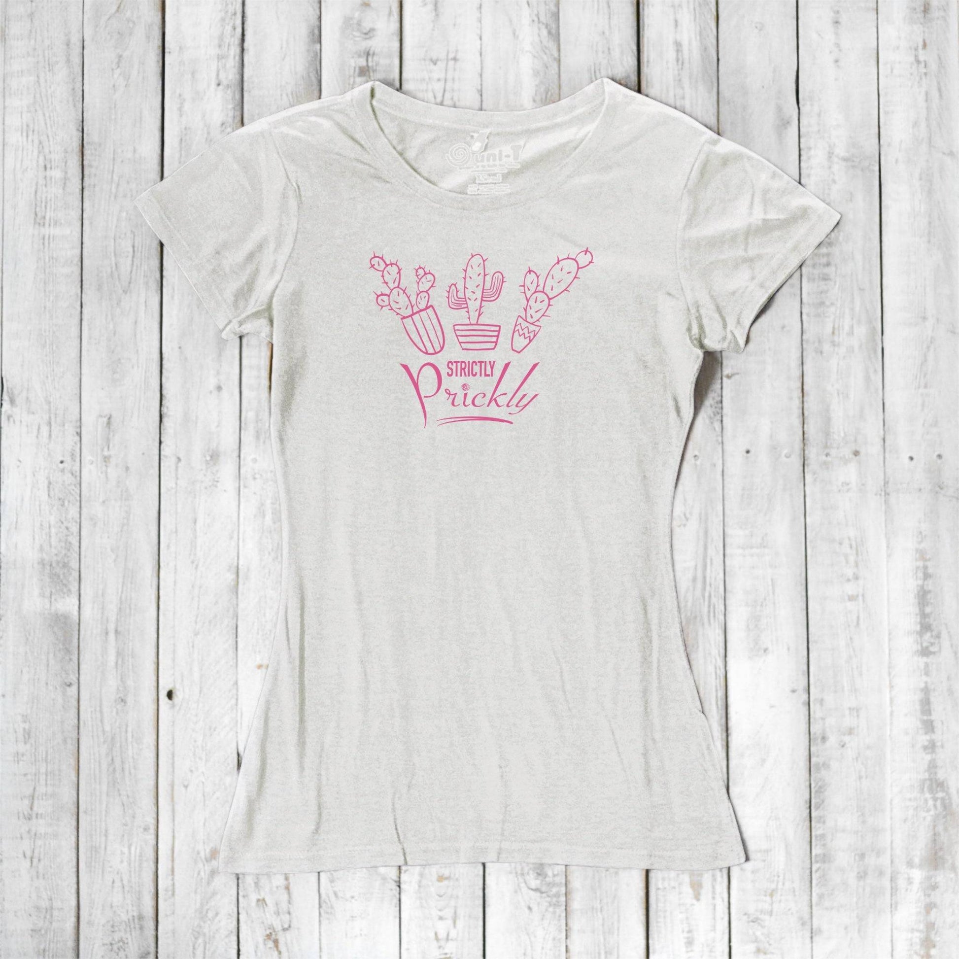 White cactus t-shirt for women with pink 'Strictly Prickly' print. Organic cotton and bamboo blend for sustainable and stylish comfort.