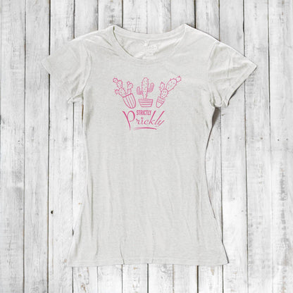 White cactus t-shirt for women with pink 'Strictly Prickly' print. Organic cotton and bamboo blend for sustainable and stylish comfort.