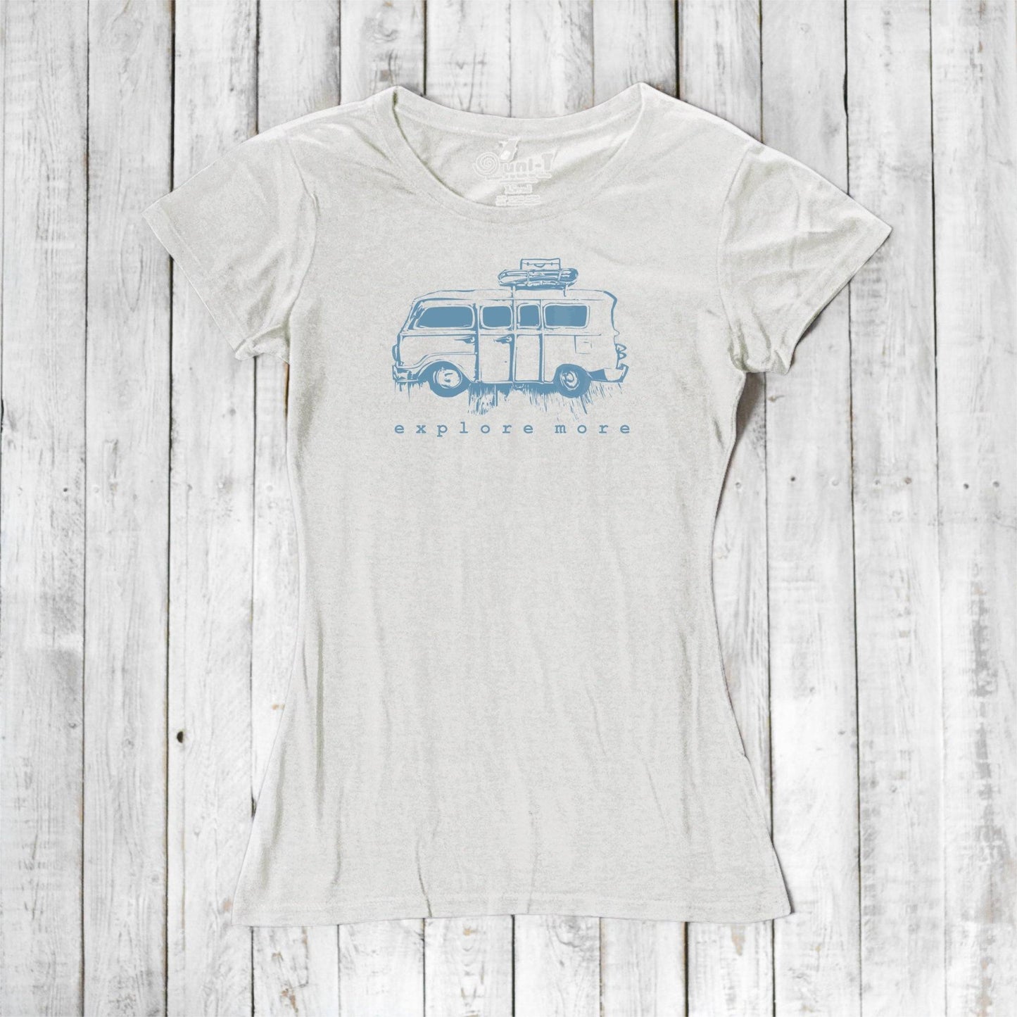 Off-white Retro Van T-Shirt for Women in bamboo and organic cotton, featuring light blue 'Explore More' van graphic.