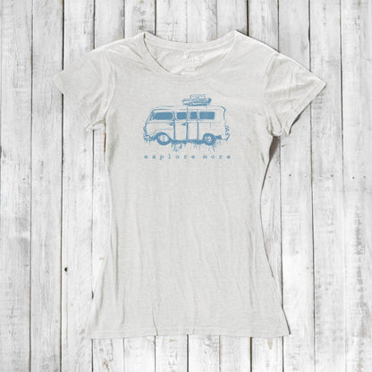Off-white Retro Van T-Shirt for Women in bamboo and organic cotton, featuring light blue 'Explore More' van graphic.