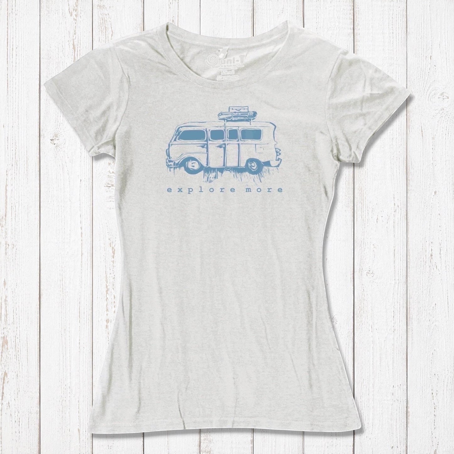 Off-white Retro Van T-Shirt for Women in bamboo and organic cotton, featuring light blue 'Explore More' van graphic.