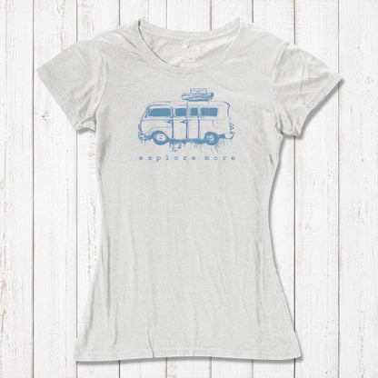 Off-white Retro Van T-Shirt for Women in bamboo and organic cotton, featuring light blue 'Explore More' van graphic.