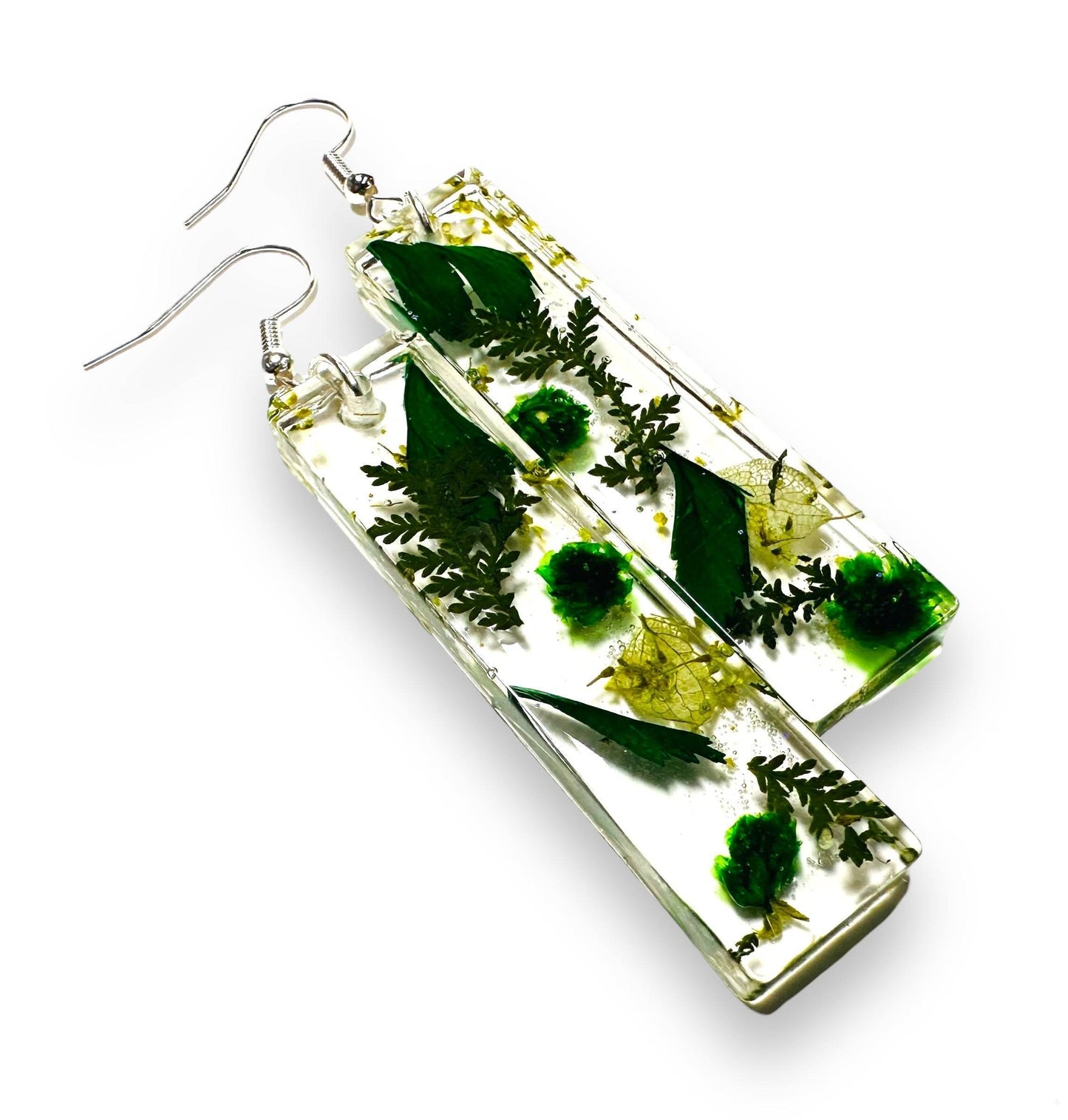 Rectangular resin earrings with real green flowers and leaves. Part of the Pressed Flower Earrings - Real Flowers collection.