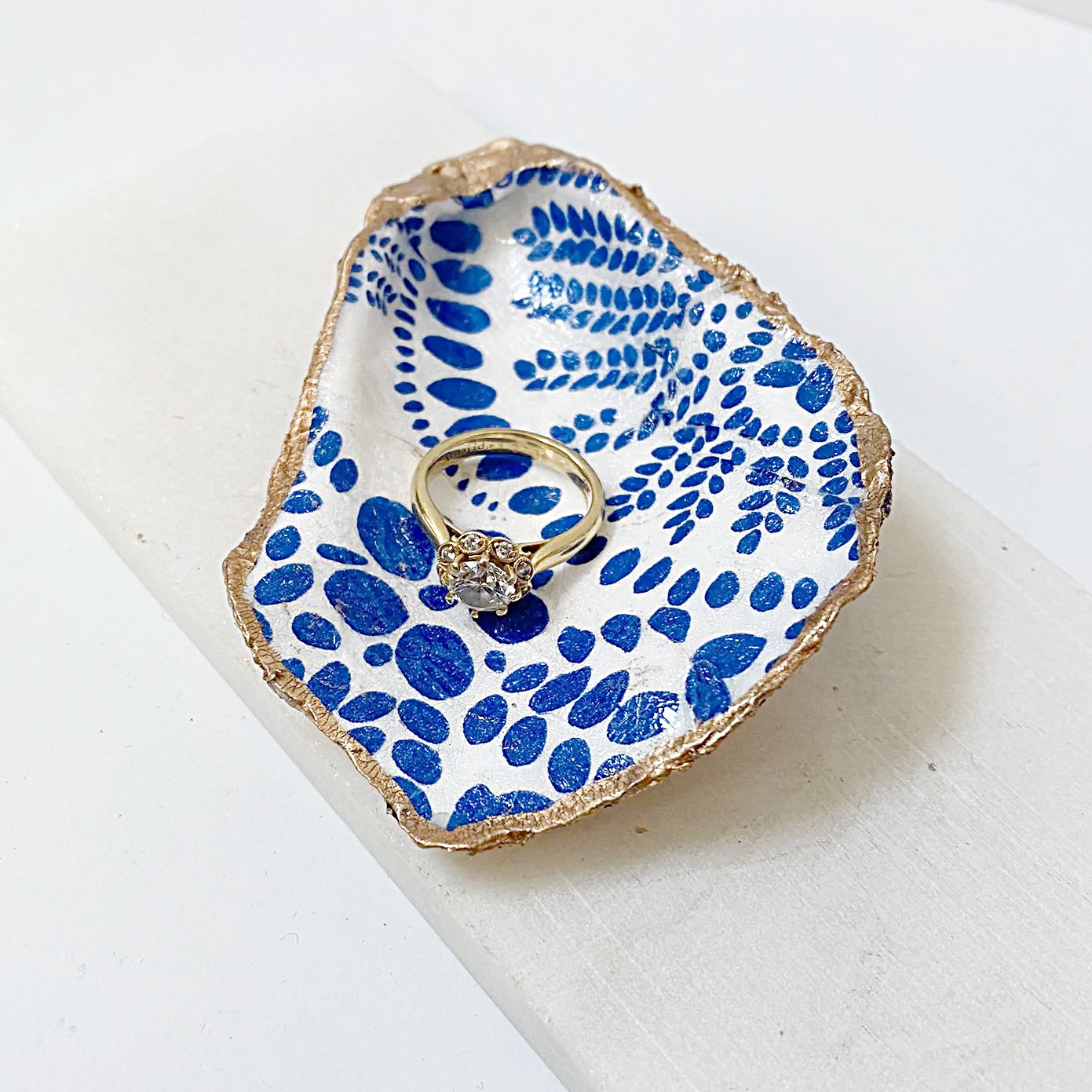 Blue & White Pattern Decoupage Oyster Shell Jewelry Dish Ana Razavi