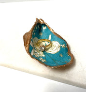 White Flowers on Teal Decoupage Oyster Shell Ring Dish Ana Razavi