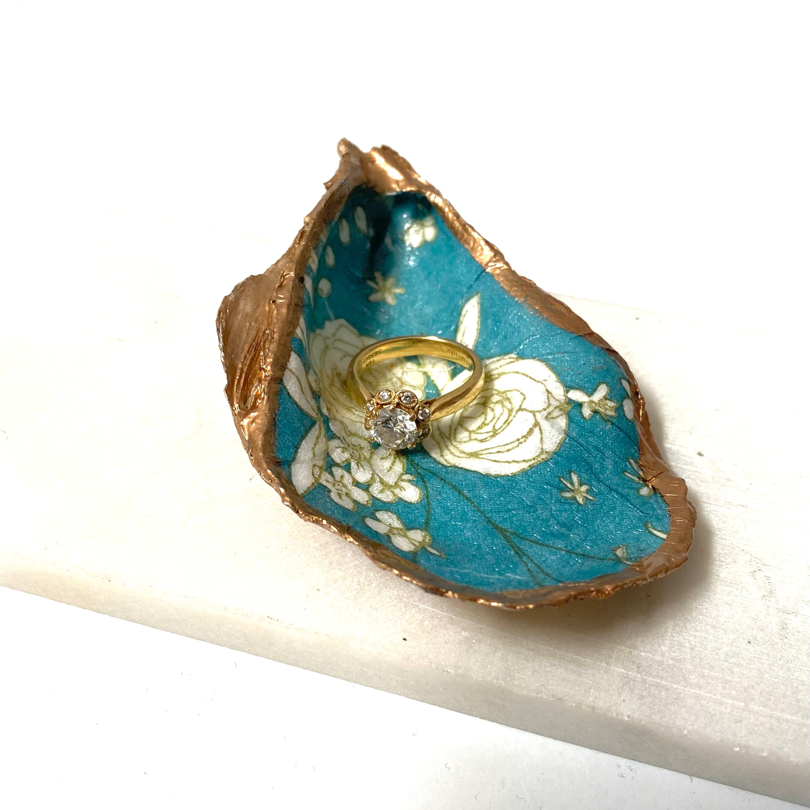 White Flowers on Teal Decoupage Oyster Shell Ring Dish Ana Razavi