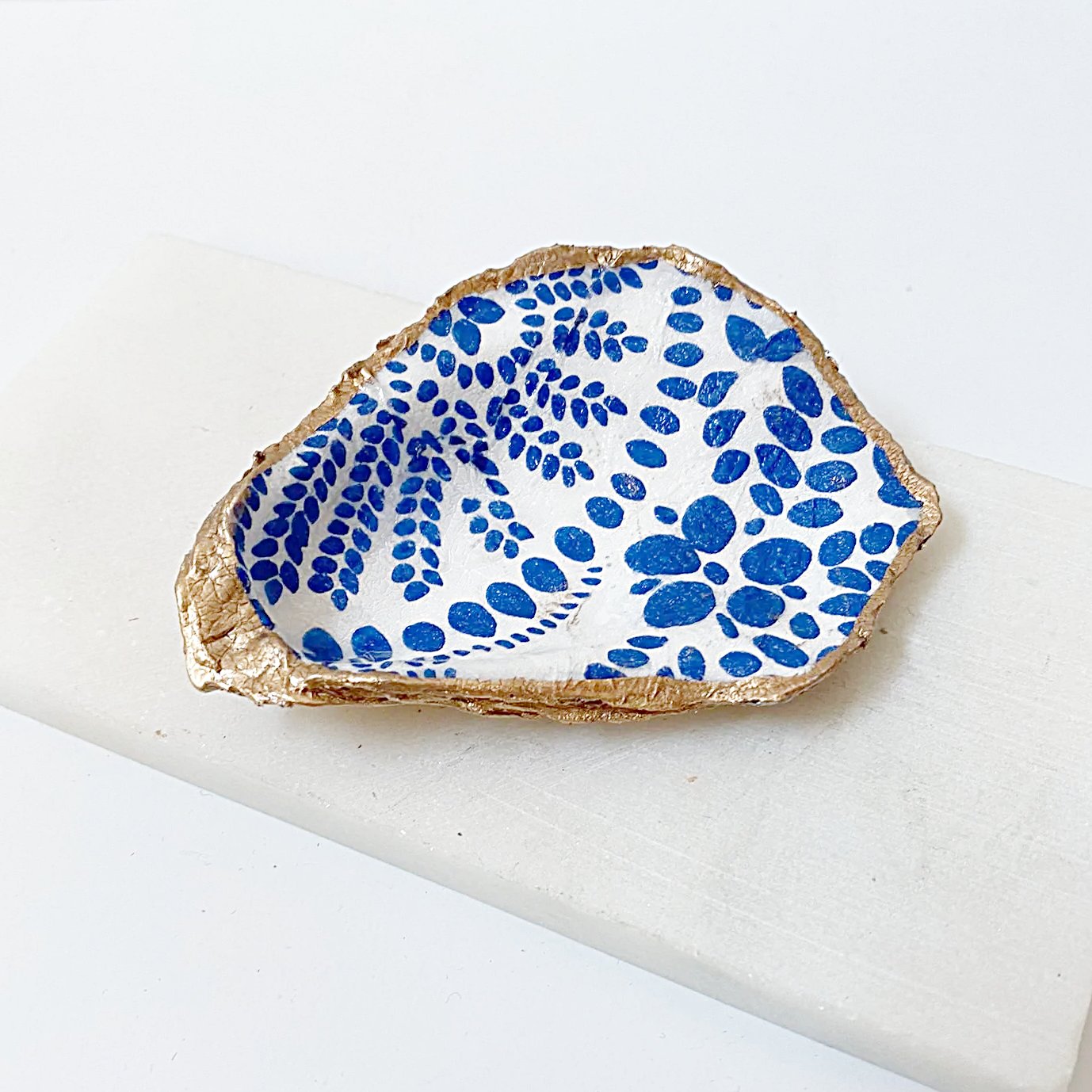 Blue & White Pattern Decoupage Oyster Shell Jewelry Dish Ana Razavi