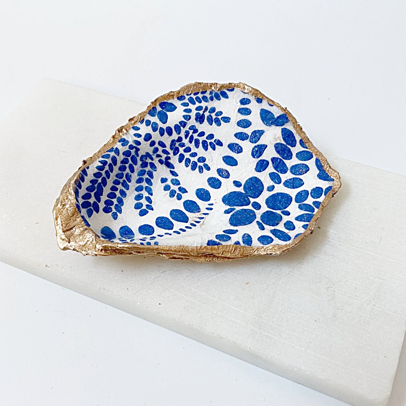 Blue & White Pattern Decoupage Oyster Shell Jewelry Dish Ana Razavi